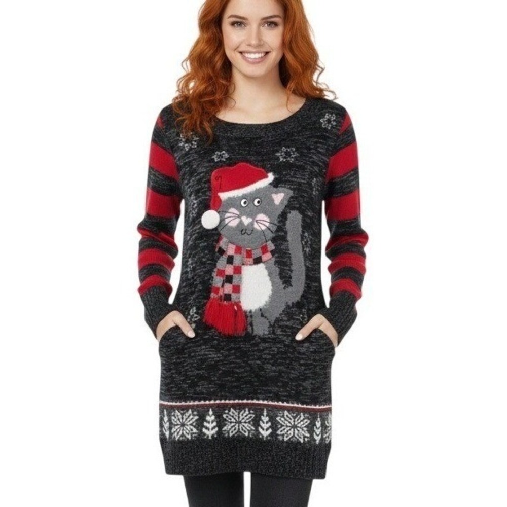 No Boundaries Sweater Womens Small Black Red Cat Christmas Ugly Pullover Festive